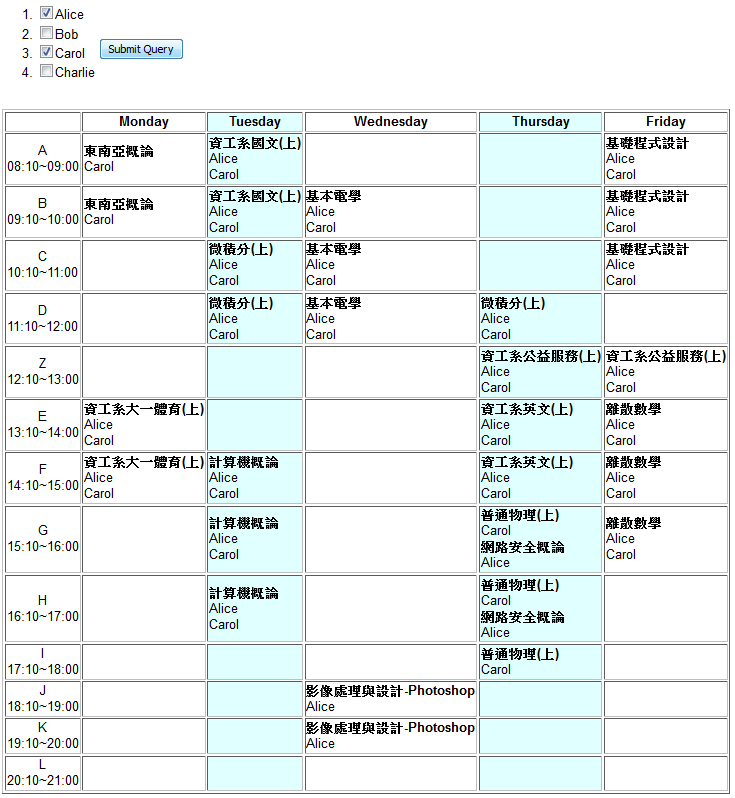 Course Table for two students